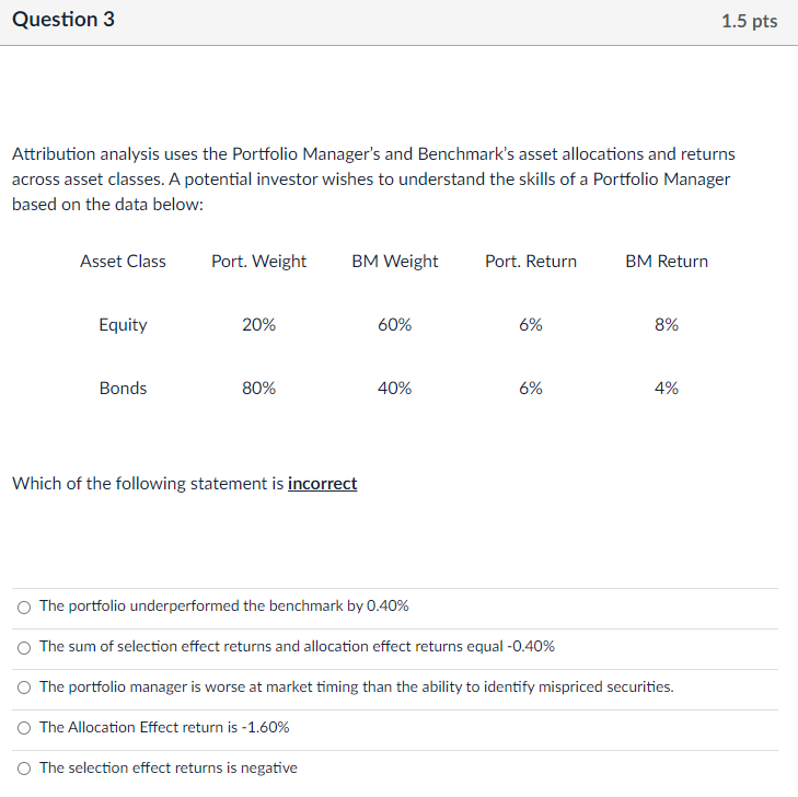 Question 3 1.5 pts Attribution analysis uses the