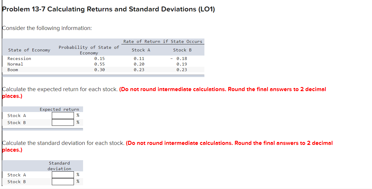 Problem 13-7 Calculating Returns and Standard