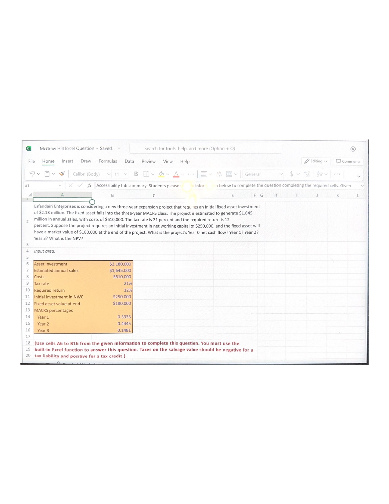 McGraw Hill Excel Question - Saved Search for