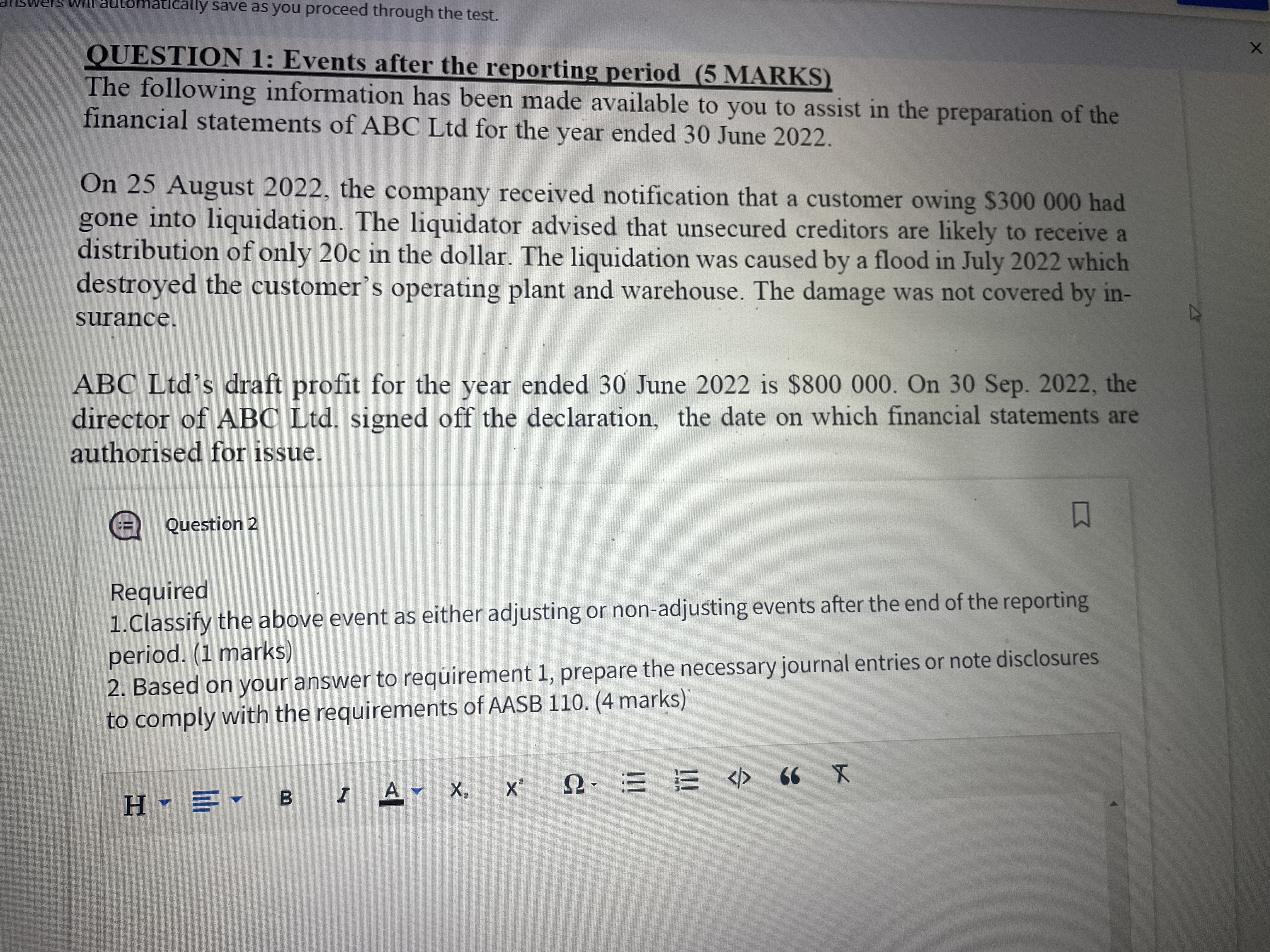 ly save as you proceed through the test. QUESTION