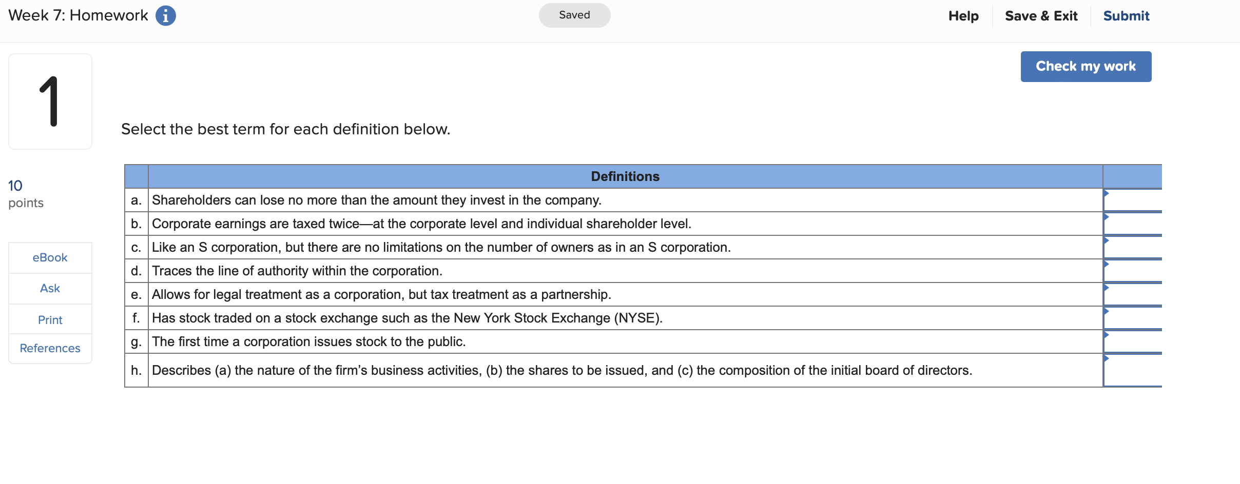 Week 7: Homework 0 Saved Help Save & Exit Submit