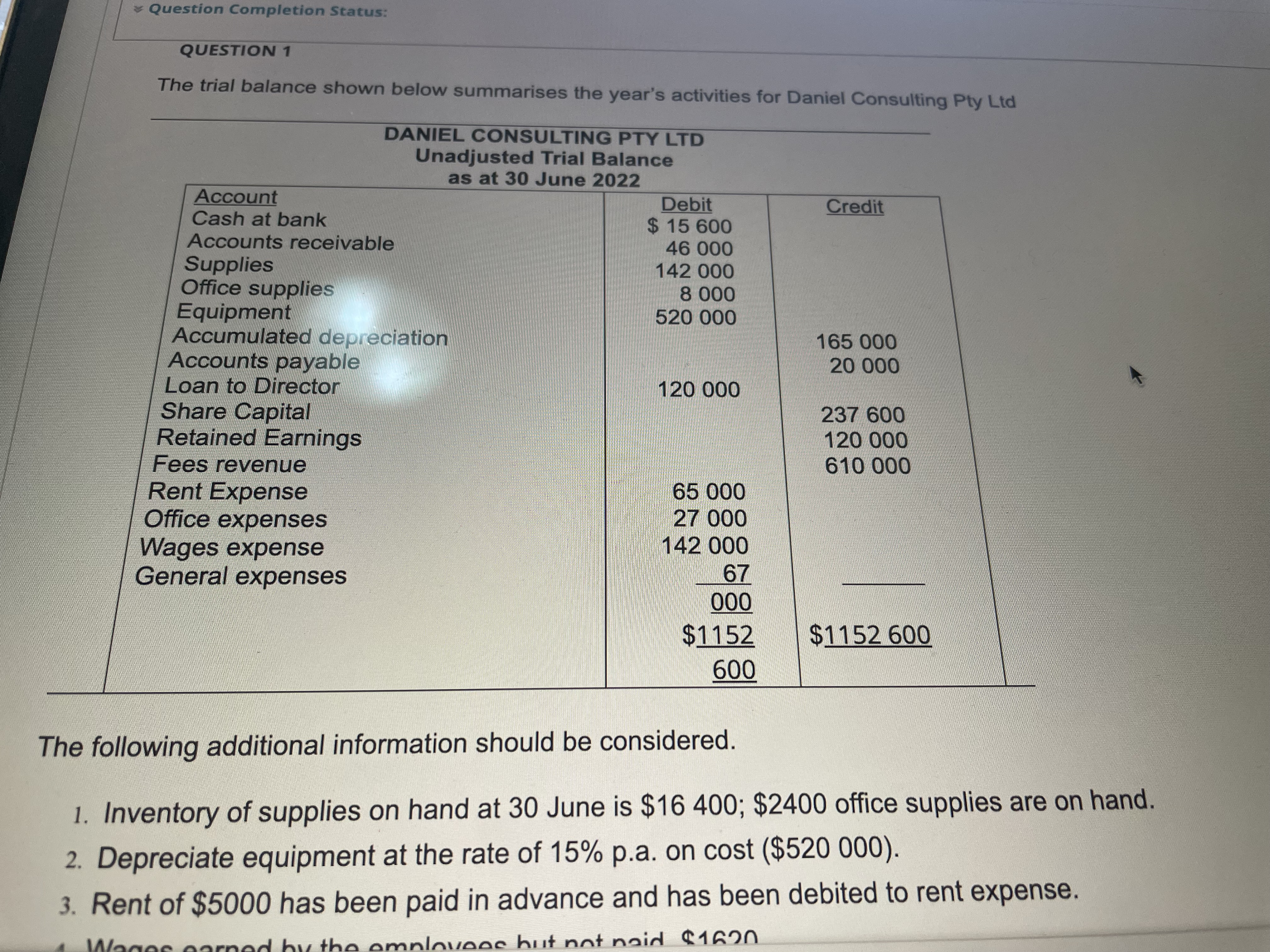 Question Completion Status: QUESTION 1 The trial