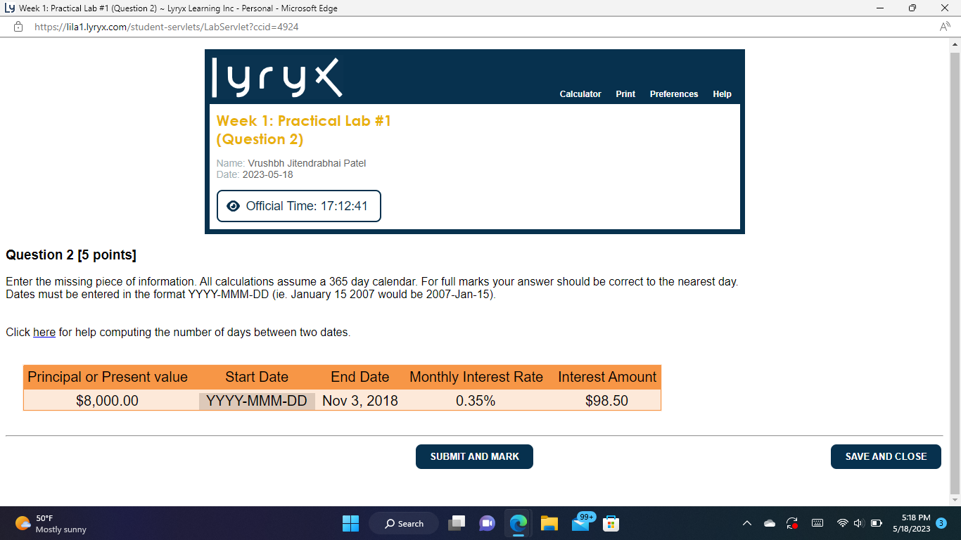 Ly Week 1: Practical Lab #1 (Question 2) ~ Lyryx