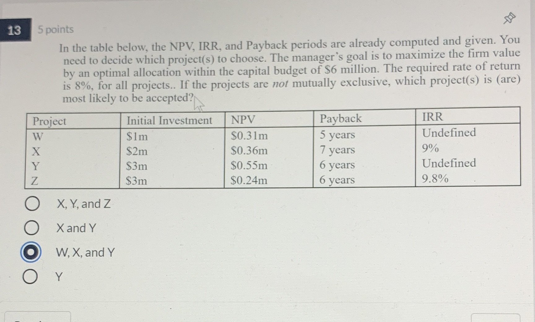 13 13 5 points In the table below, the NPV, IRR,