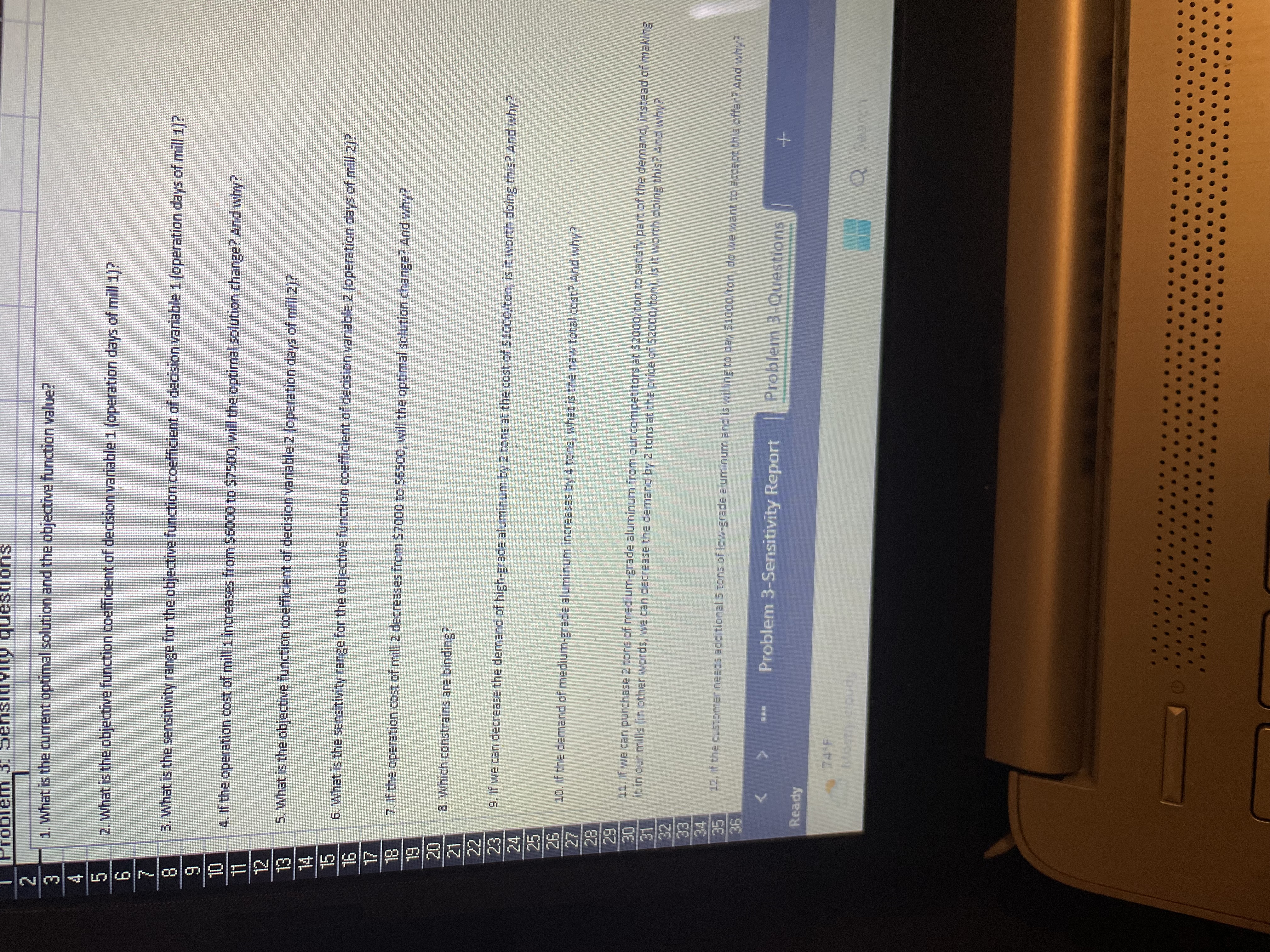 A B C D E G H 1 Problem 3: Sensitivity Analysis