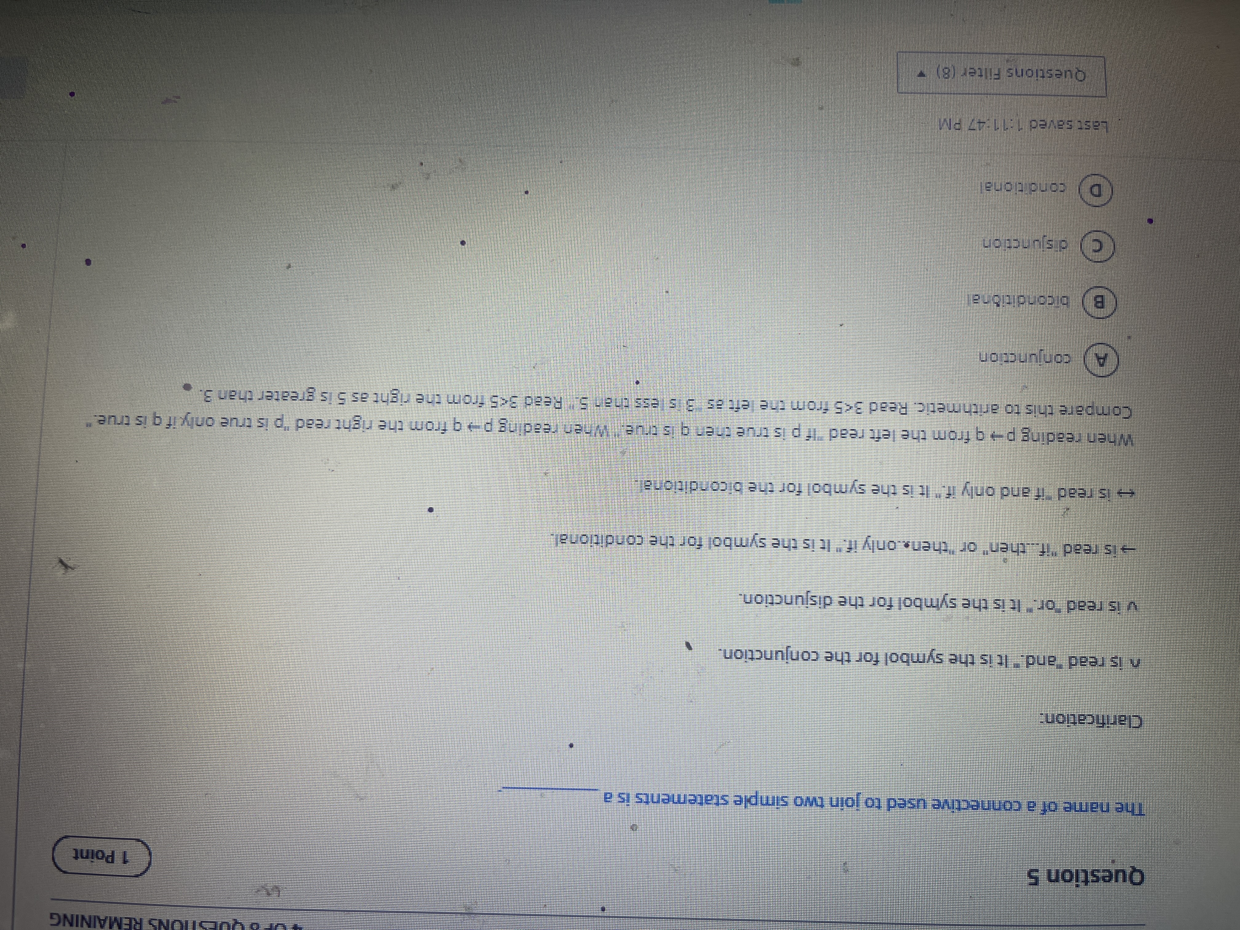 IONS REMAINING Question 5 1 Point The name of a