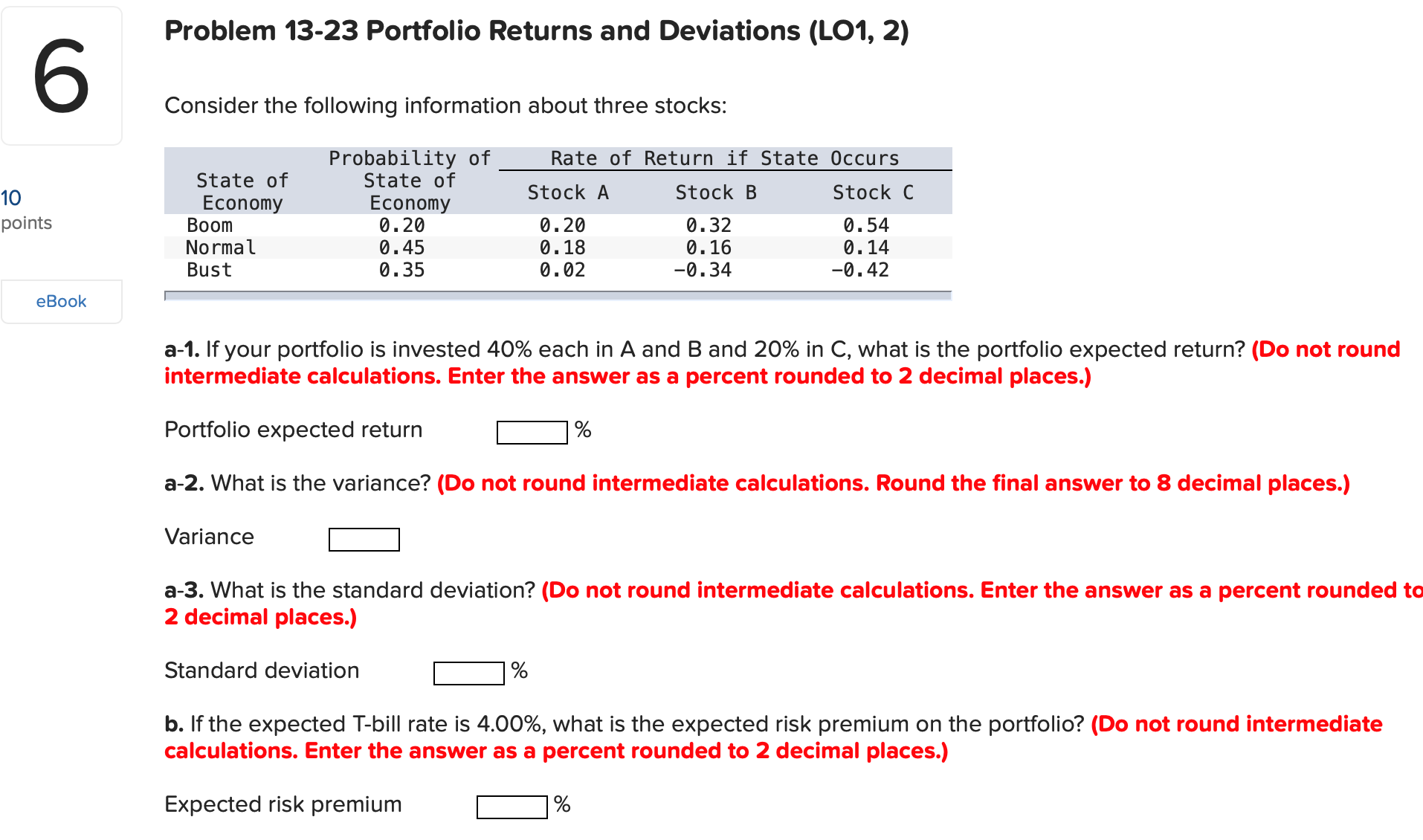 10 points eBook Problem 13-23 Portfolio Returns