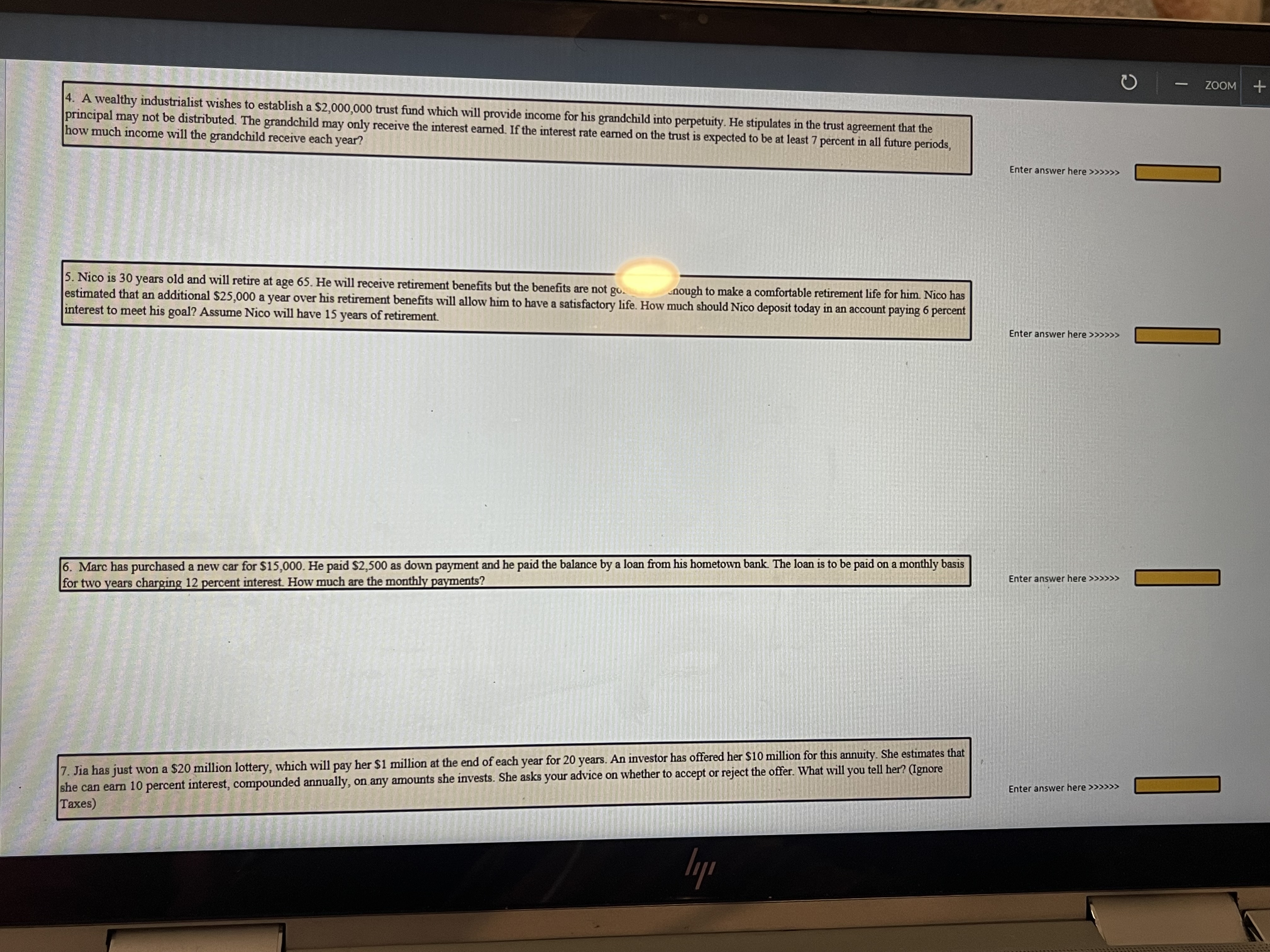 ZOOM + FINC 3301 ASSIGNMENT 2 PART 1 TVM Problems