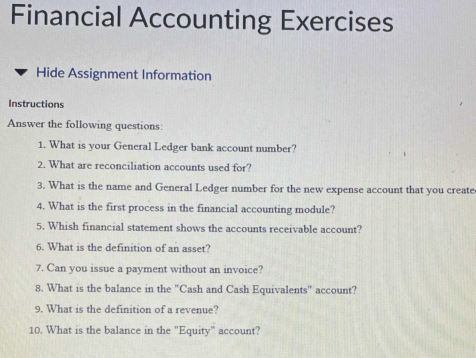 Financial Accounting Exercises Hide Assignment