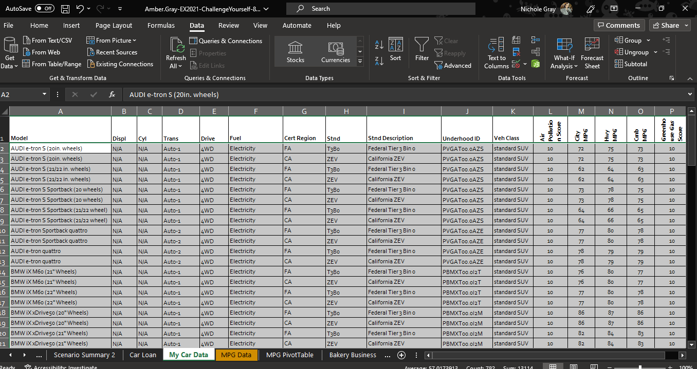 On the My Car Data worksheet, use Advanced Filter