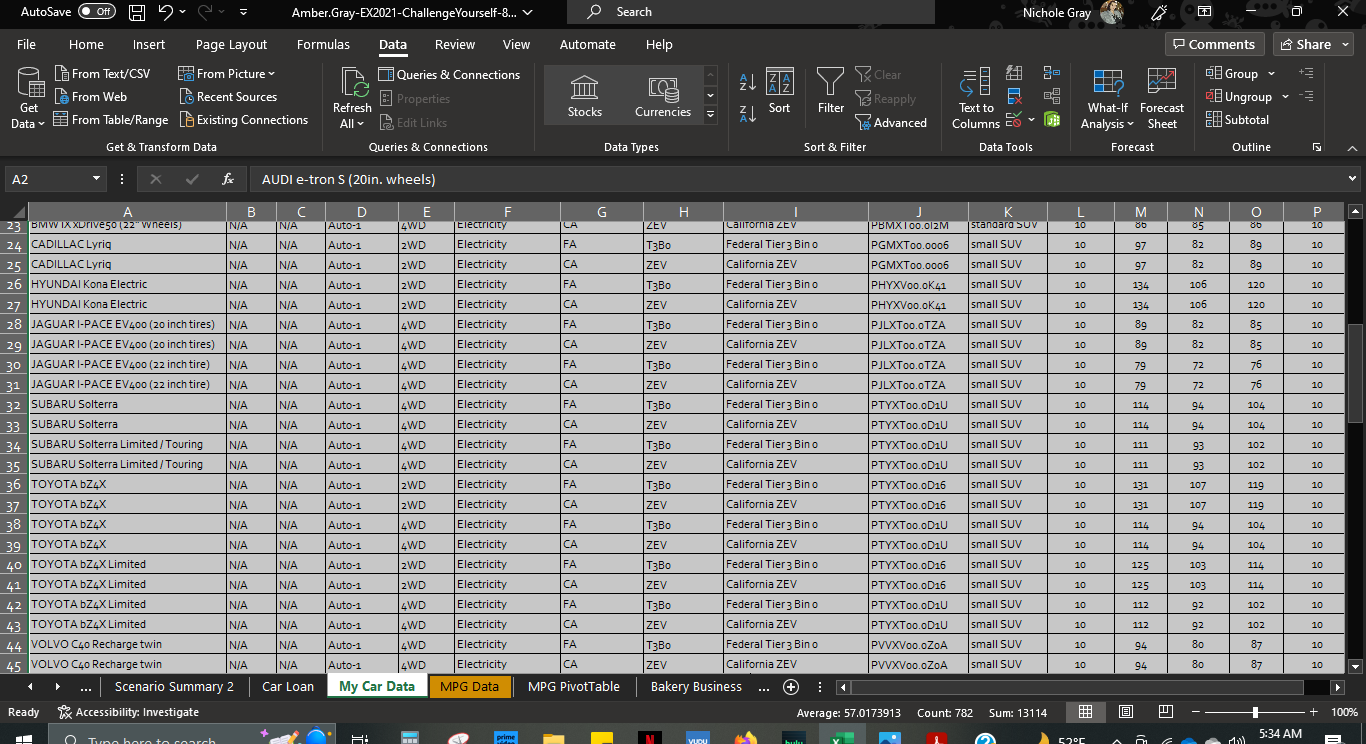 On the My Car Data worksheet, use Advanced Filter