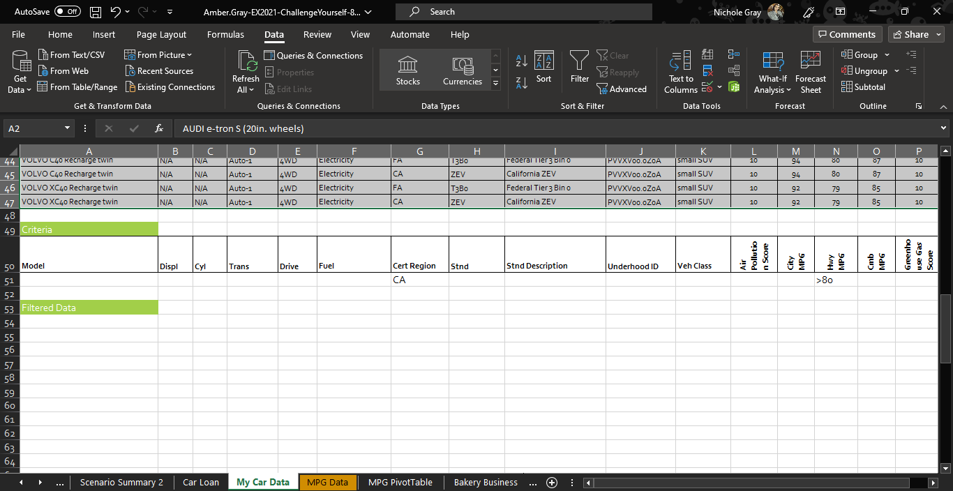 On the My Car Data worksheet, use Advanced Filter