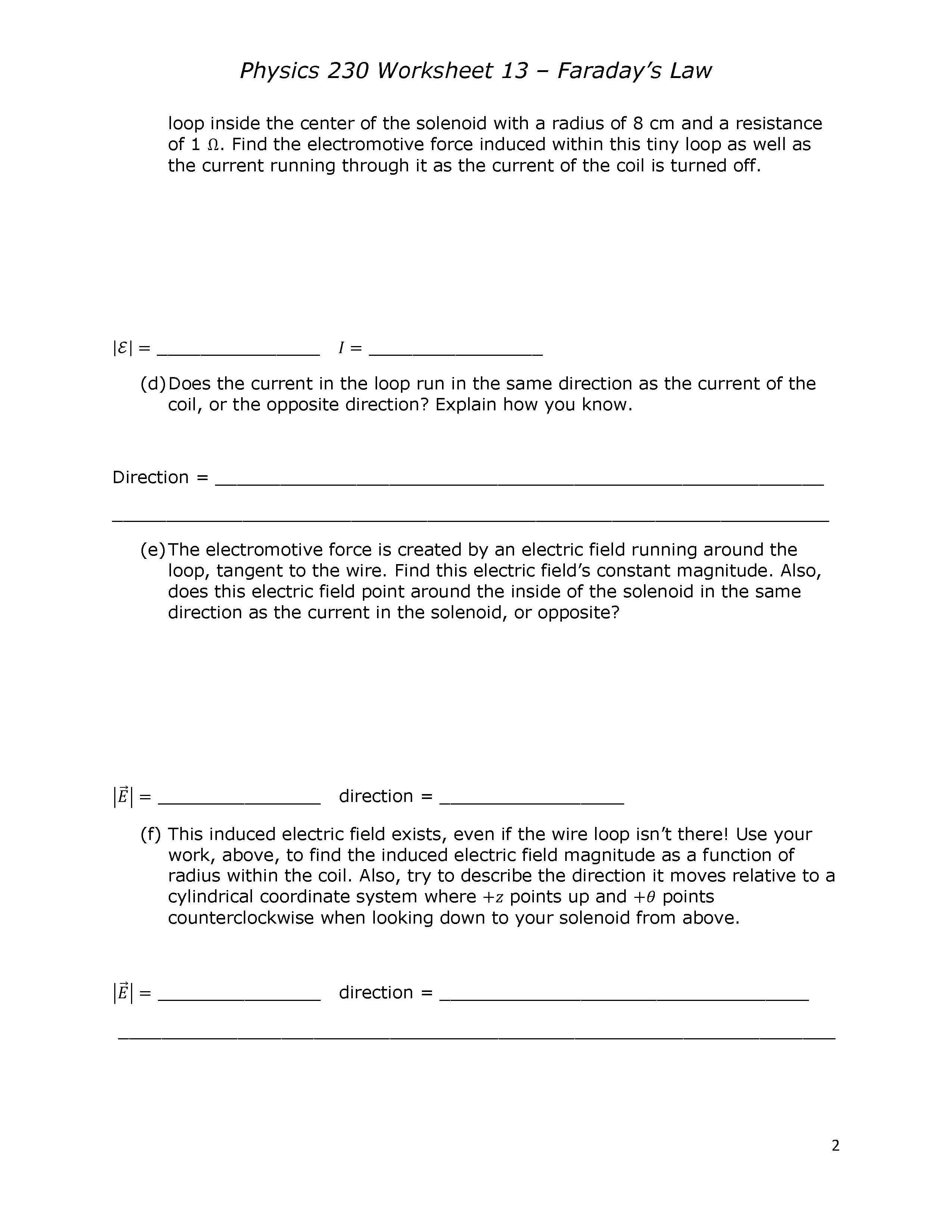 physique worksheet Physics 230 Worksheet 13 -
