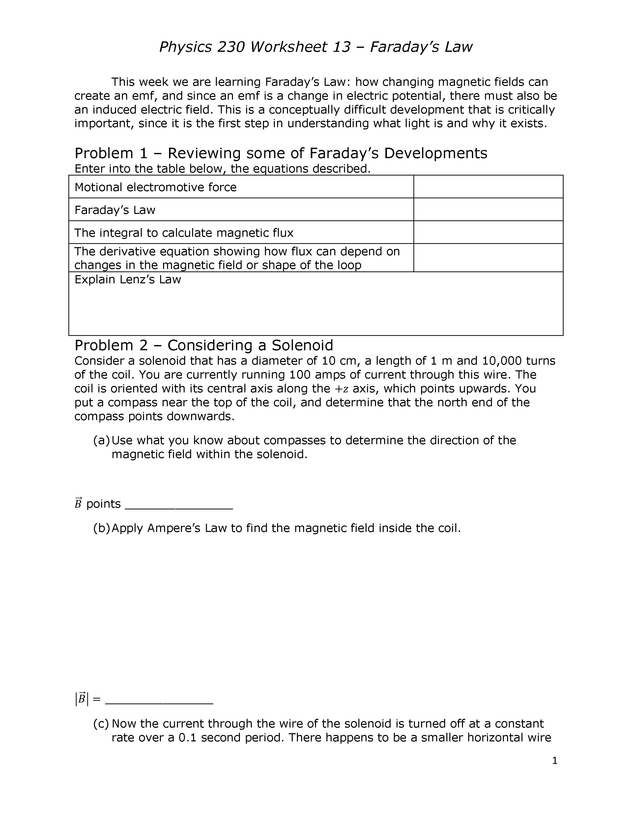 physique worksheet Physics 230 Worksheet 13 -