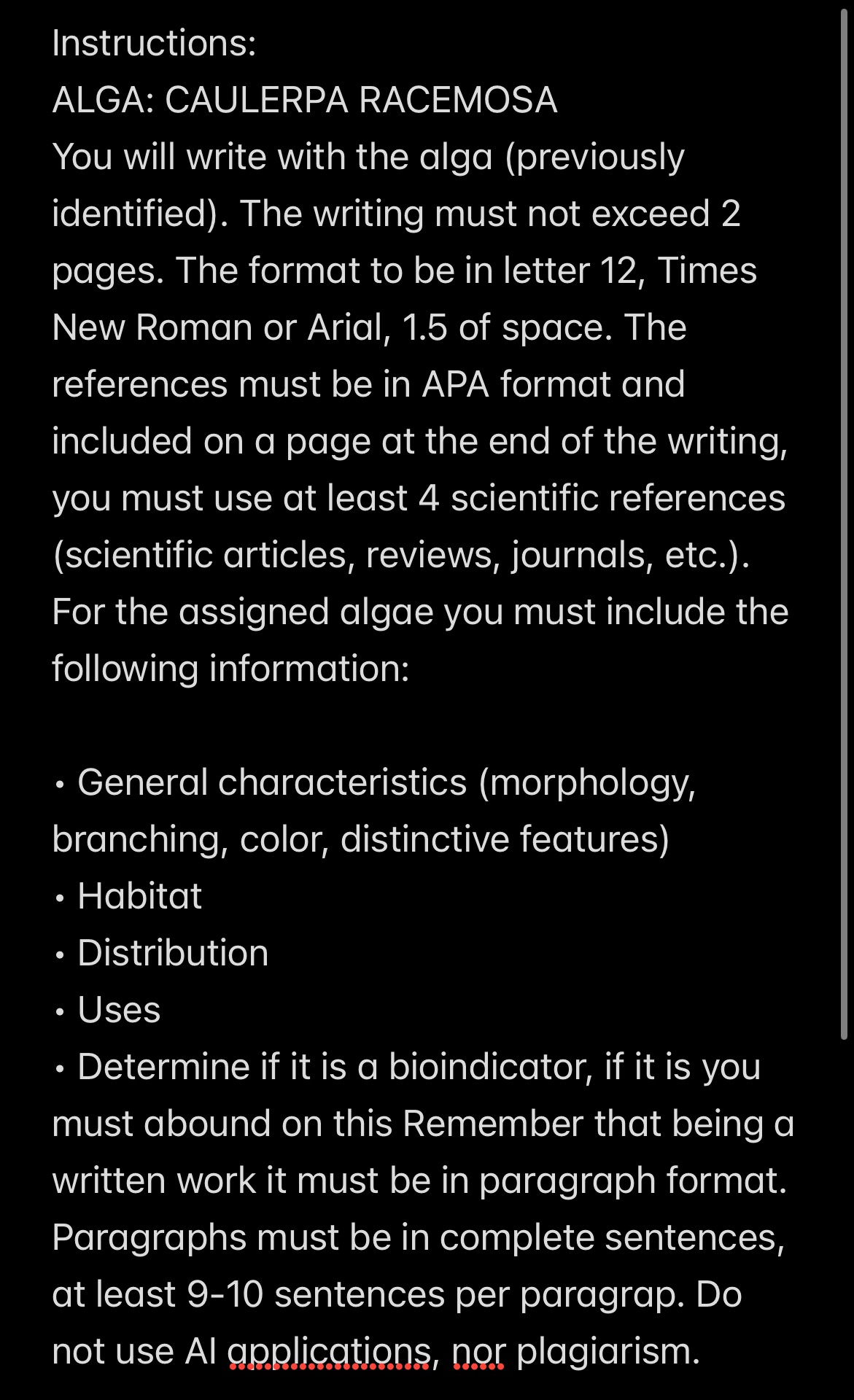 Instructions: ALGA: CAULERPA RACEMOSA You will