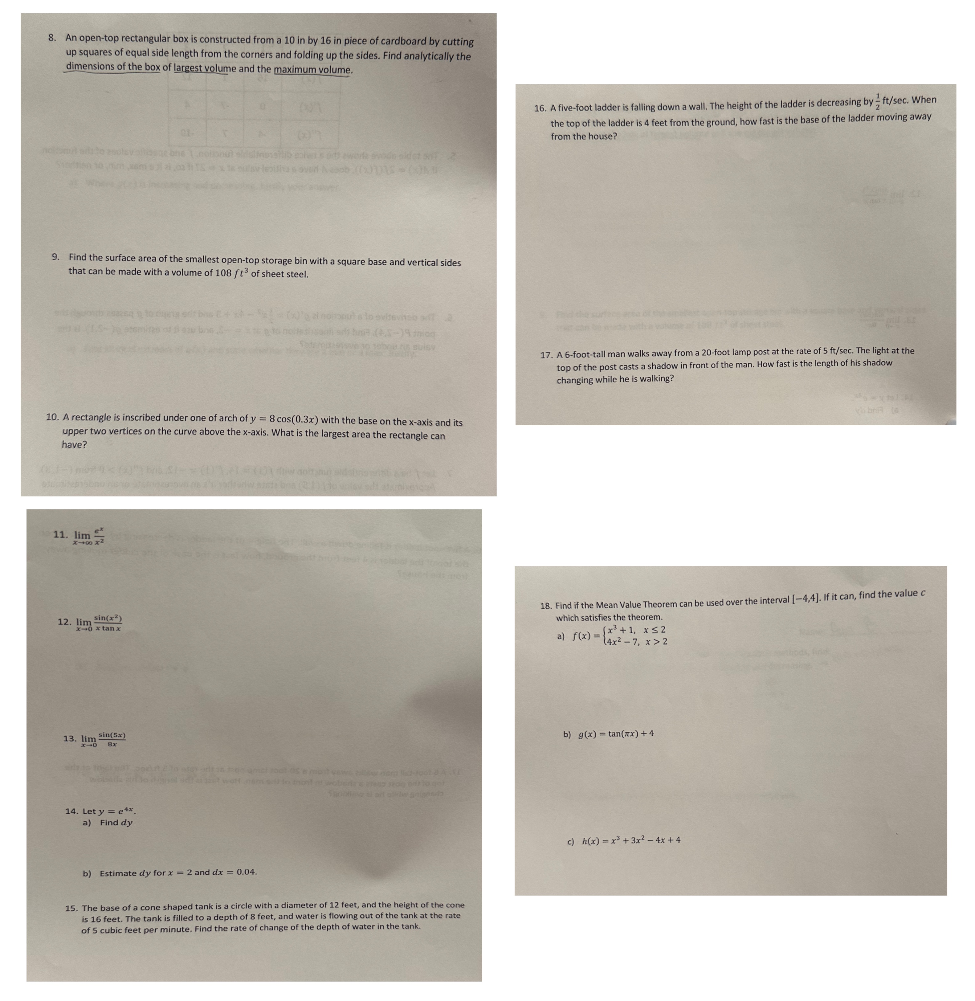 Calculus Ab: Answer the following questions with