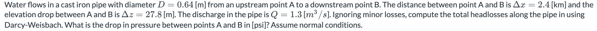 Water flows in a cast iron pipe with diameter D =