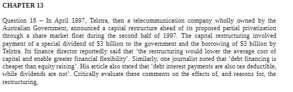 CHAPTER 13 Question 16 - In April 1997, Telstra,