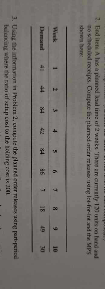 2. End item A has a planned lead time of 2 weeks.