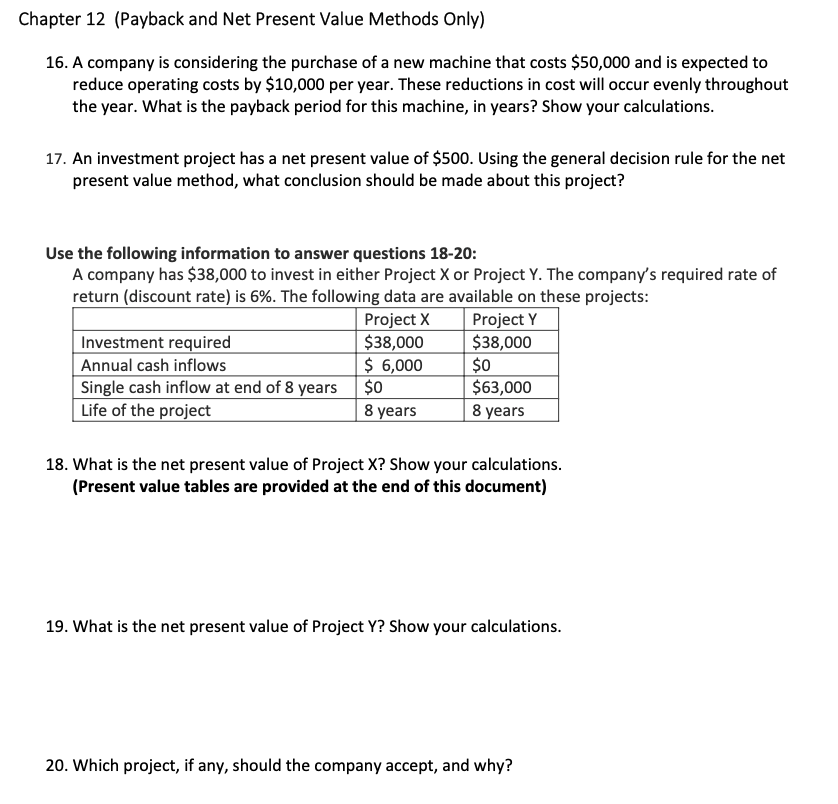 Chapter 12 (Payback and Net Present Value Methods