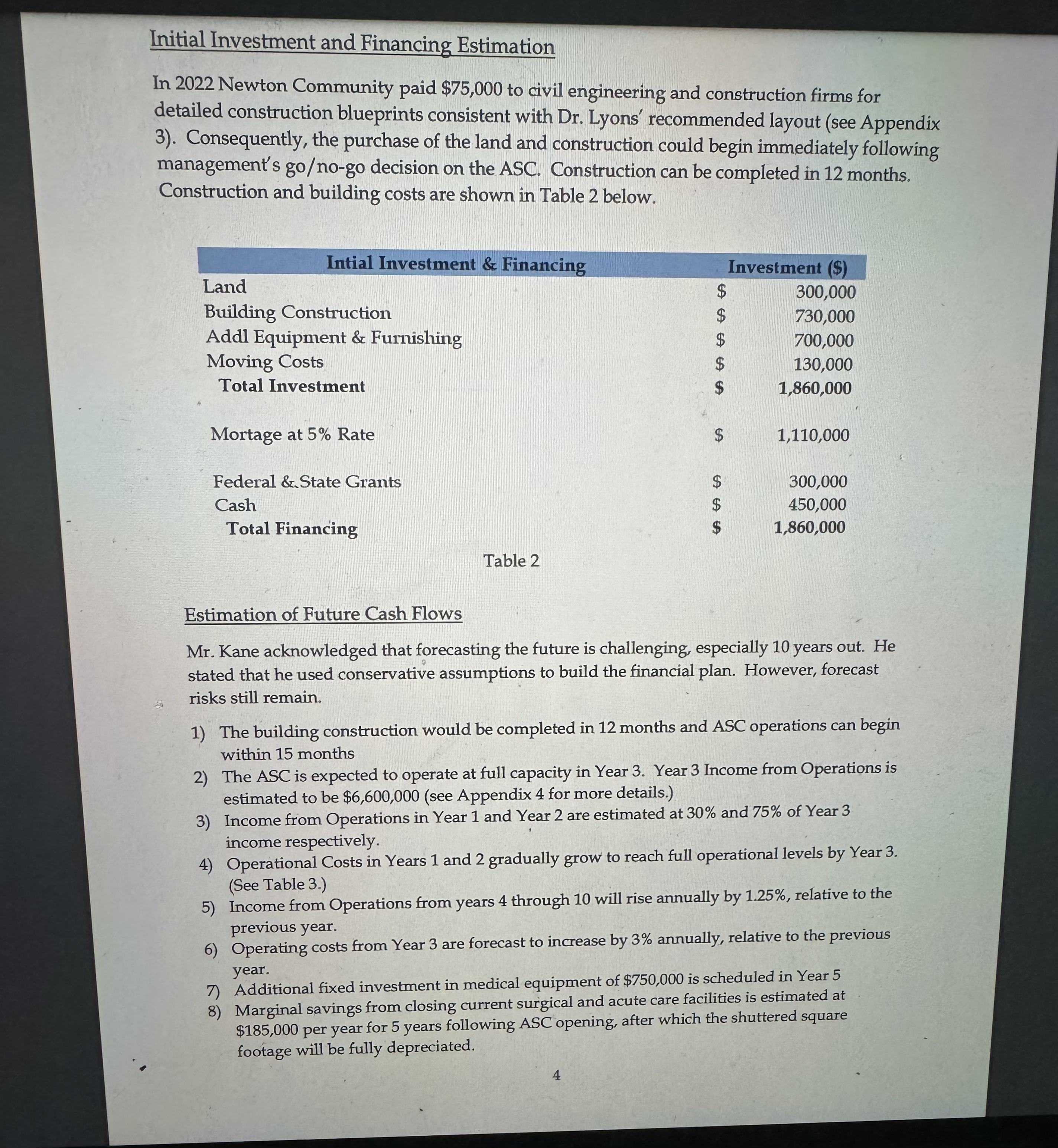 1) Using the data provided in this case, fill in
