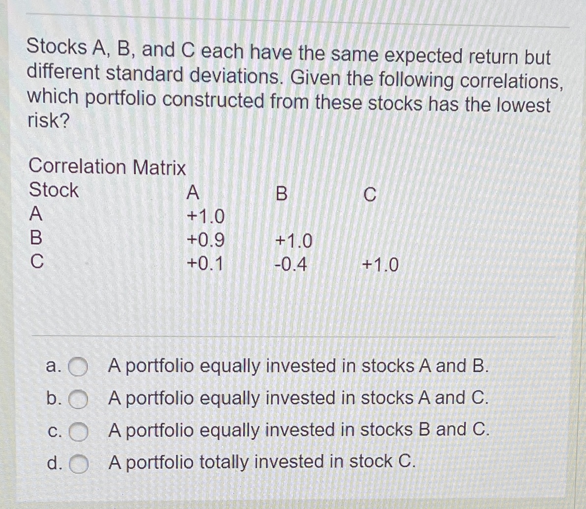 Stocks A, B, and C each have the same expected