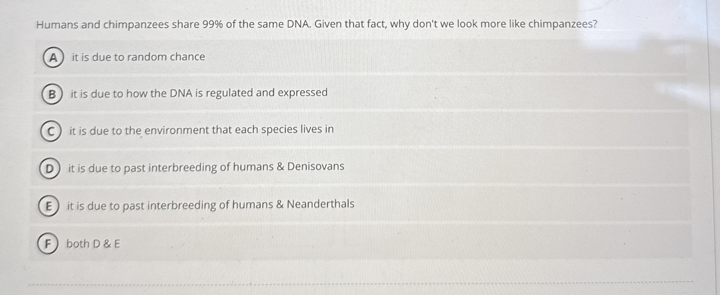 Humans and chimpanzees share 9 9 % of the same