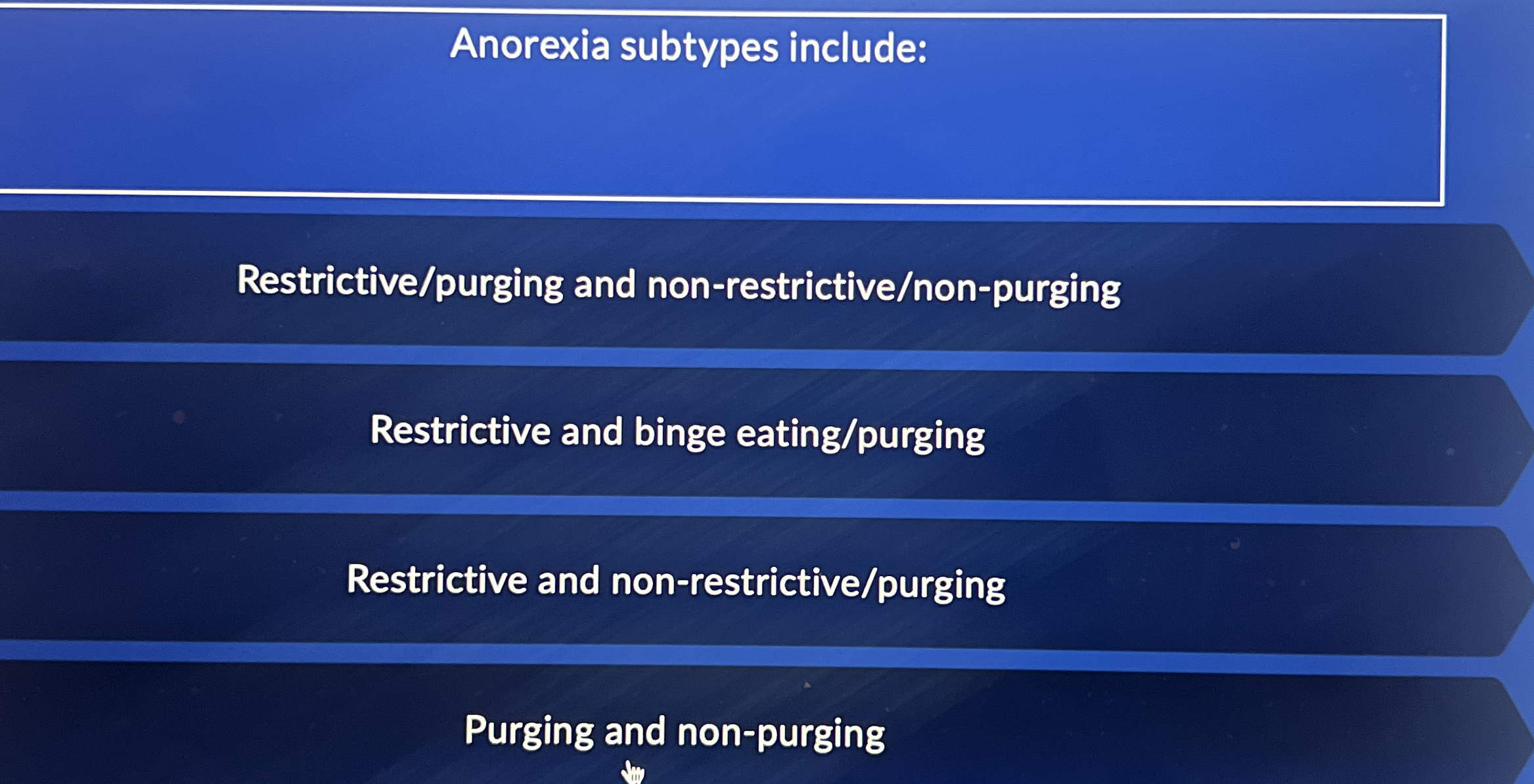 Anorexia subtypes include: Restrictive / purging