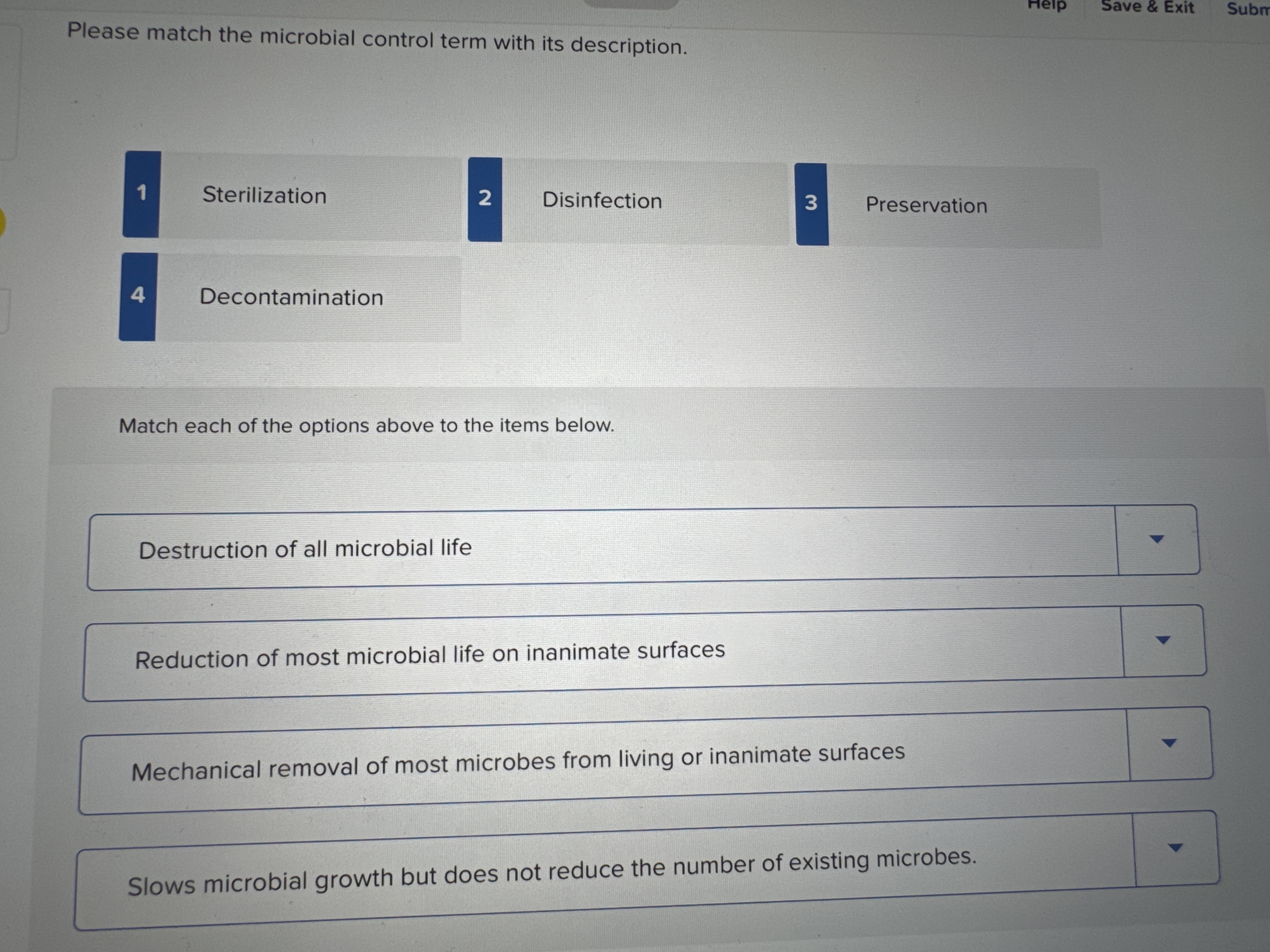 Please match the microbial control term with its