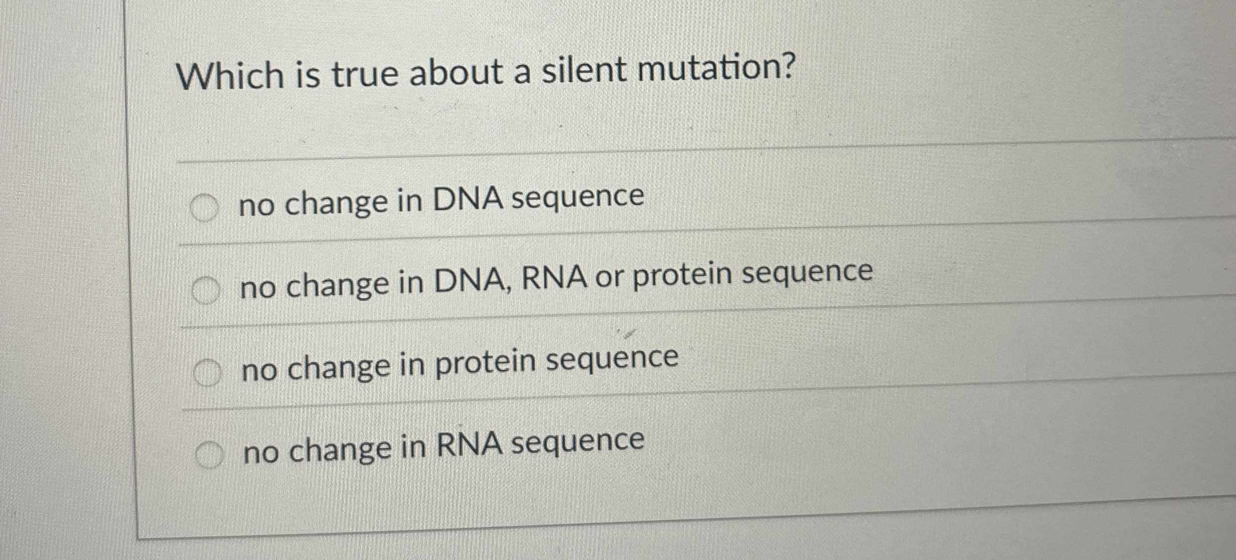 Which is true about a silent mutation? no change