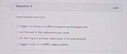 Question 5 2 pts Long - lasting memories: trigger