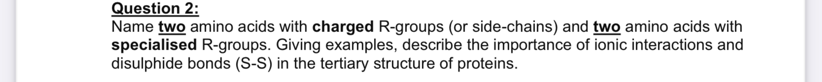Question 2 : Name two amino acids with charged R
