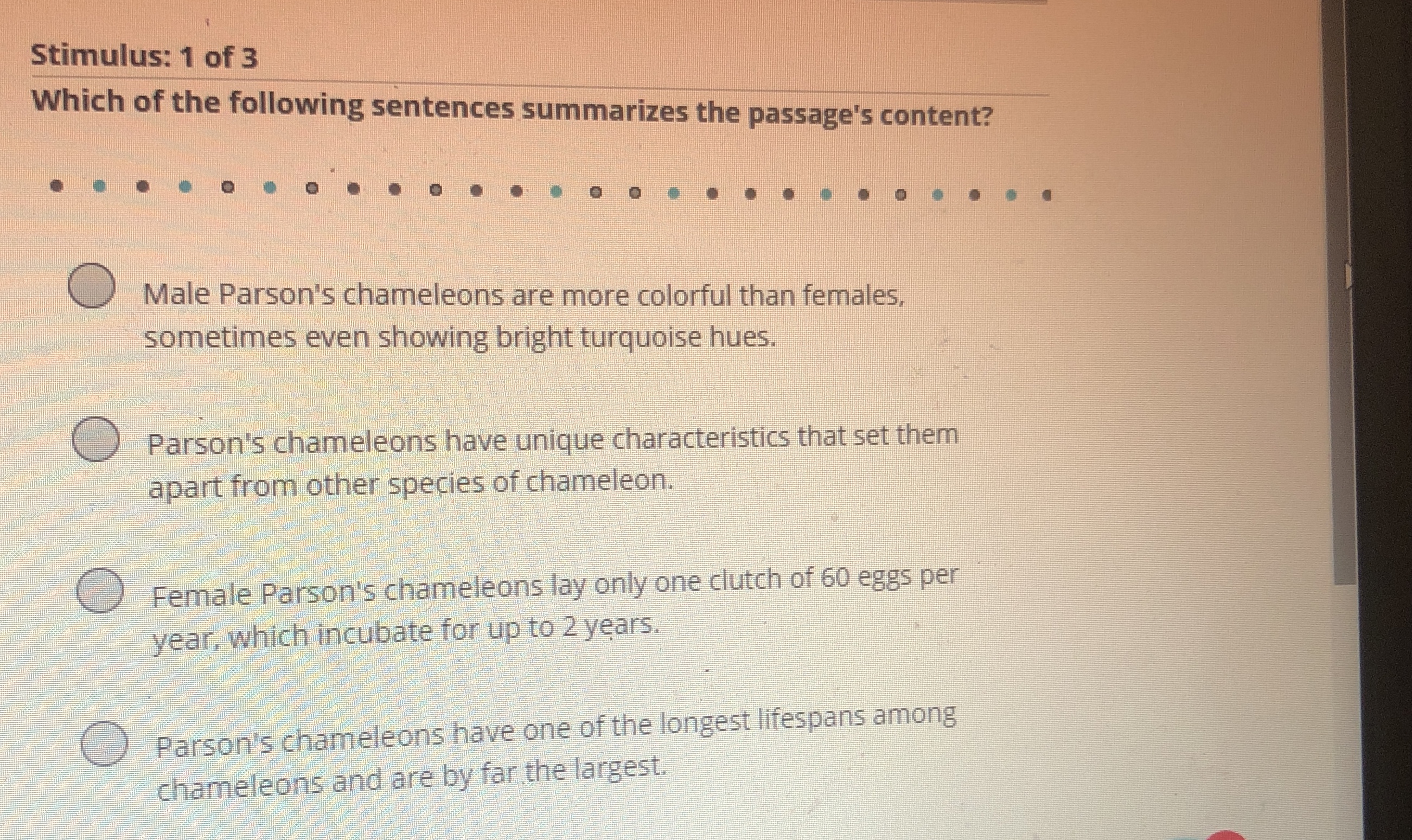 Stimulus: 1 of 3 Which of the following sentences