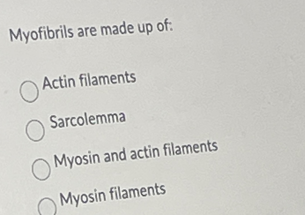 Myofibrils are made up of: Actin filaments