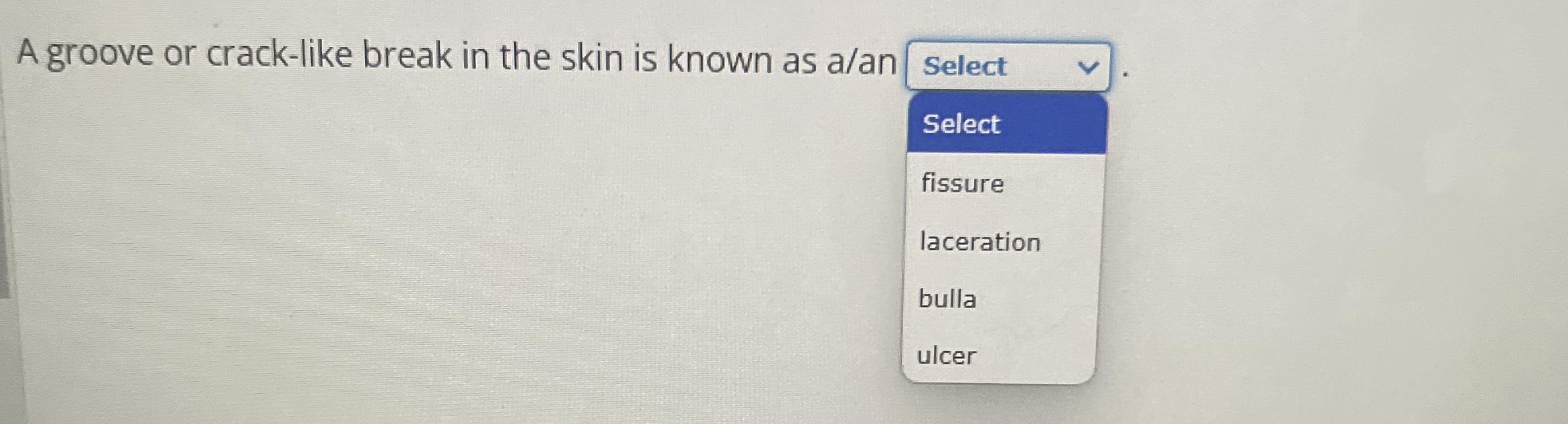 A groove or crack - like break in the skin is