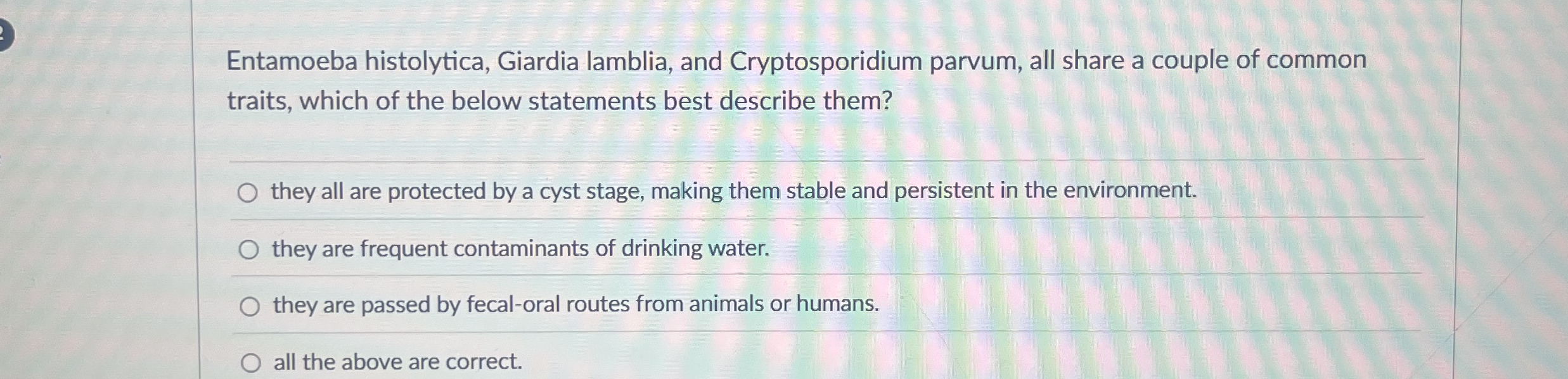 Entamoeba histolytica, Giardia lamblia, and
