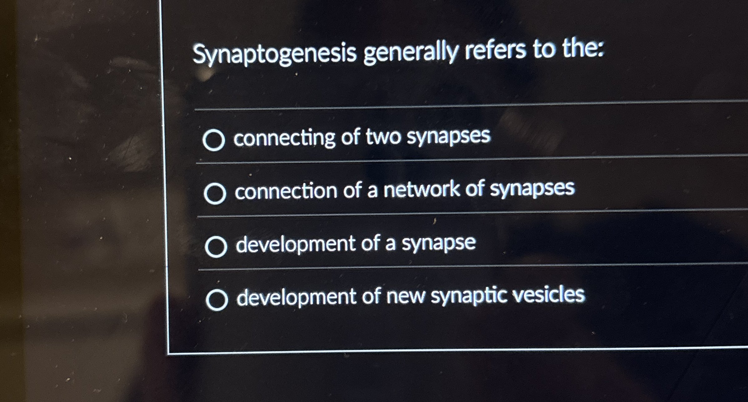 Synaptogenesis generally refers to the: