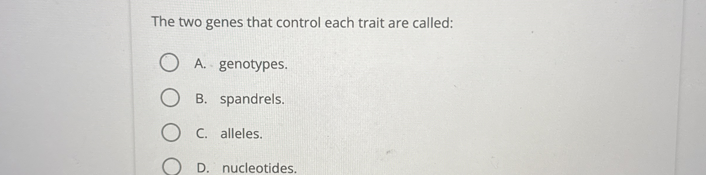 The two genes that control each trait are called:
