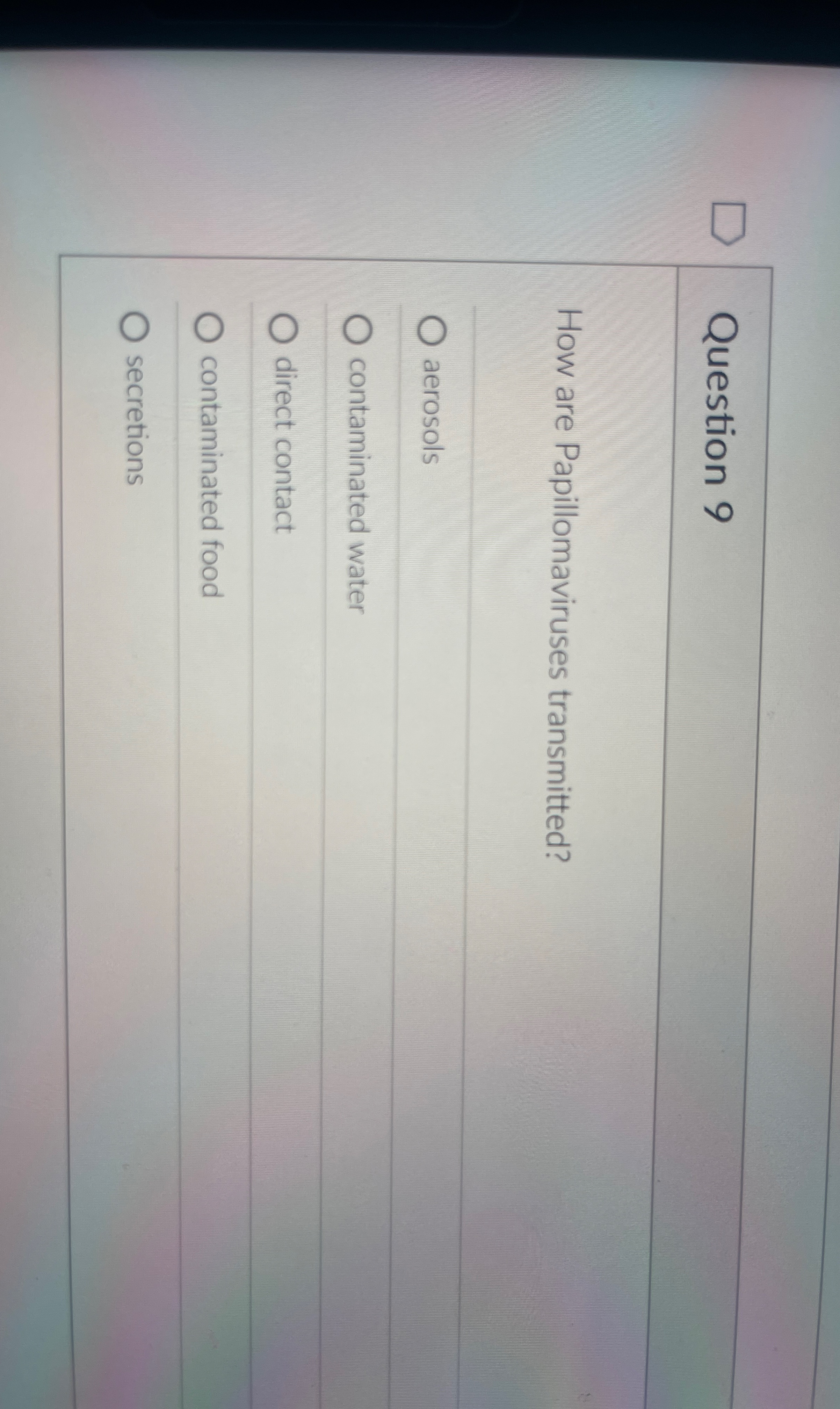 Question 9 How are Papillomaviruses transmitted?
