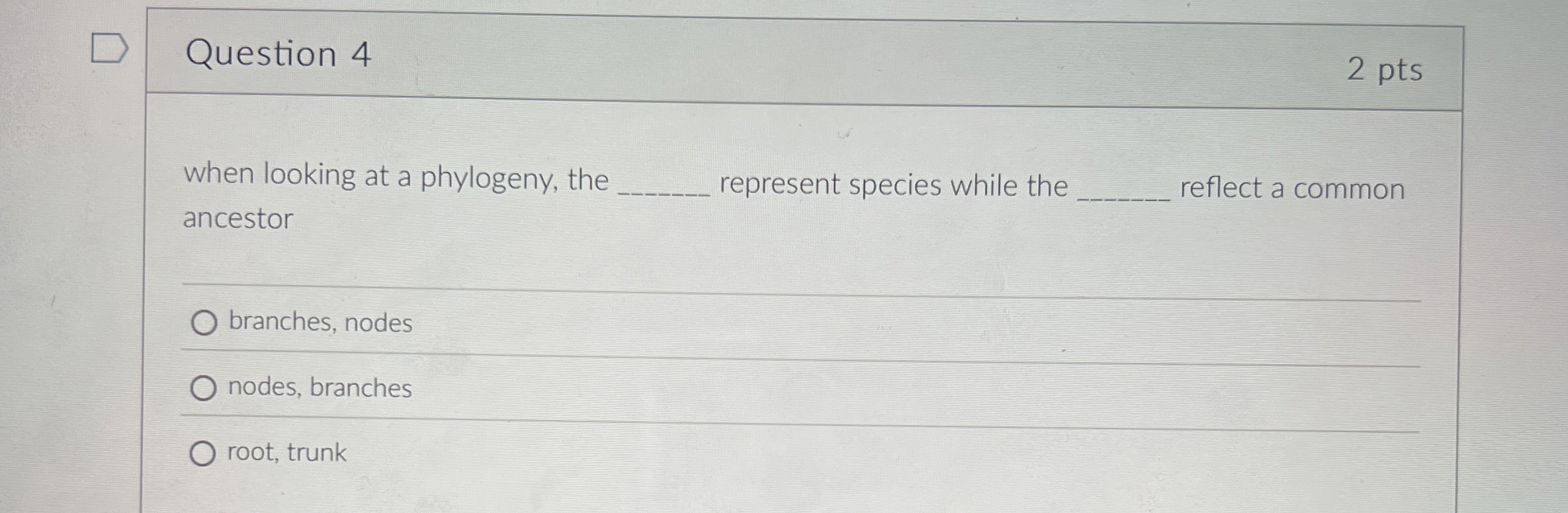 Question 4 2 pts when looking at a phylogeny, the