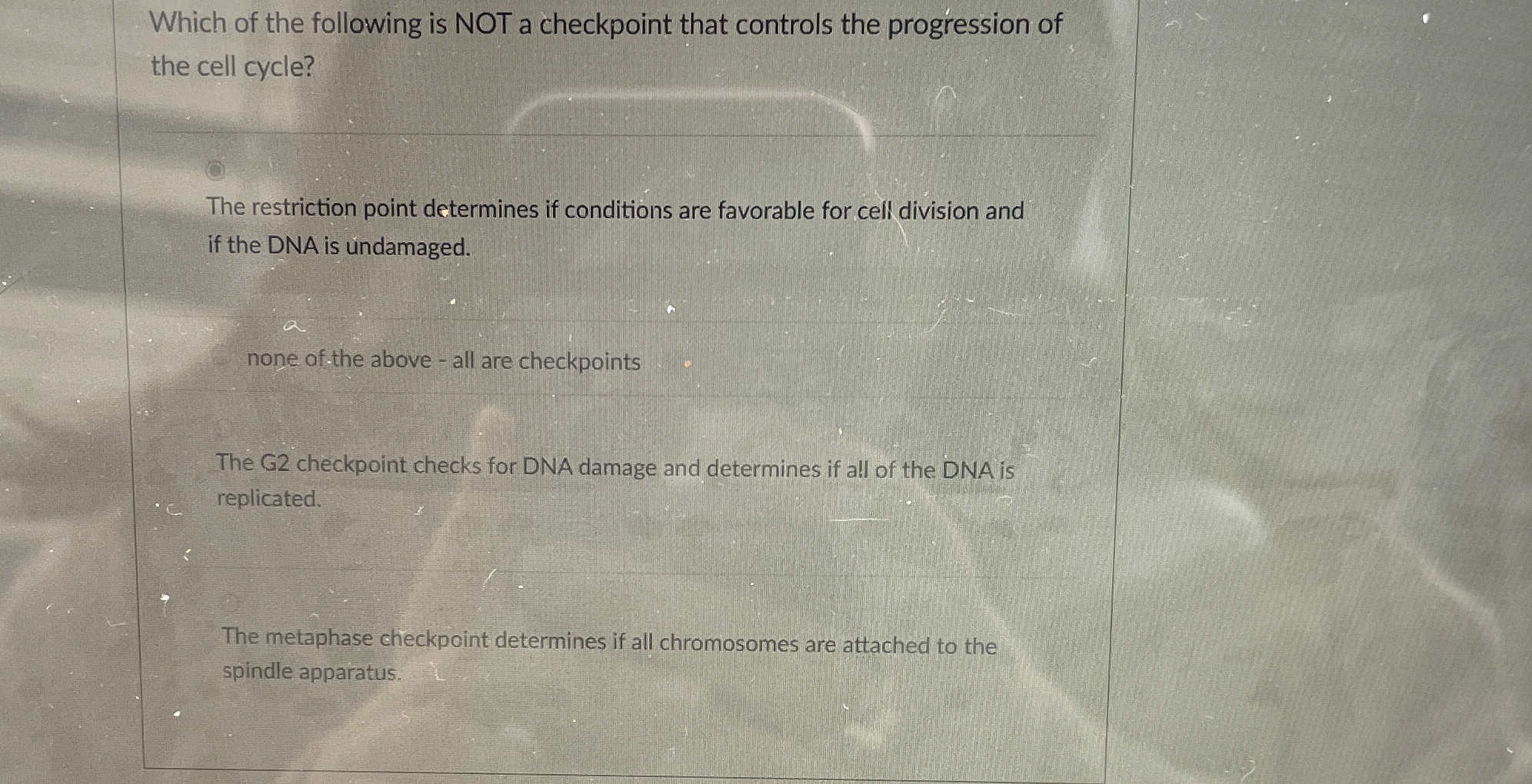 Which of the following is NOT a checkpoint that