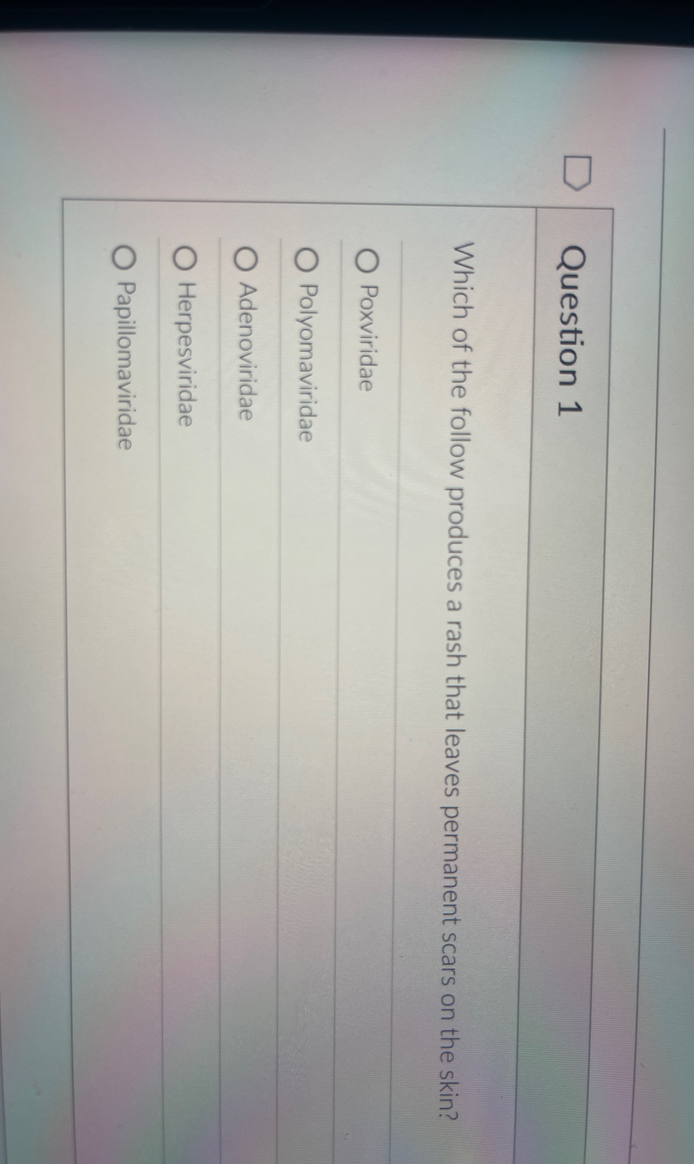 Question 1 Which of the follow produces a rash