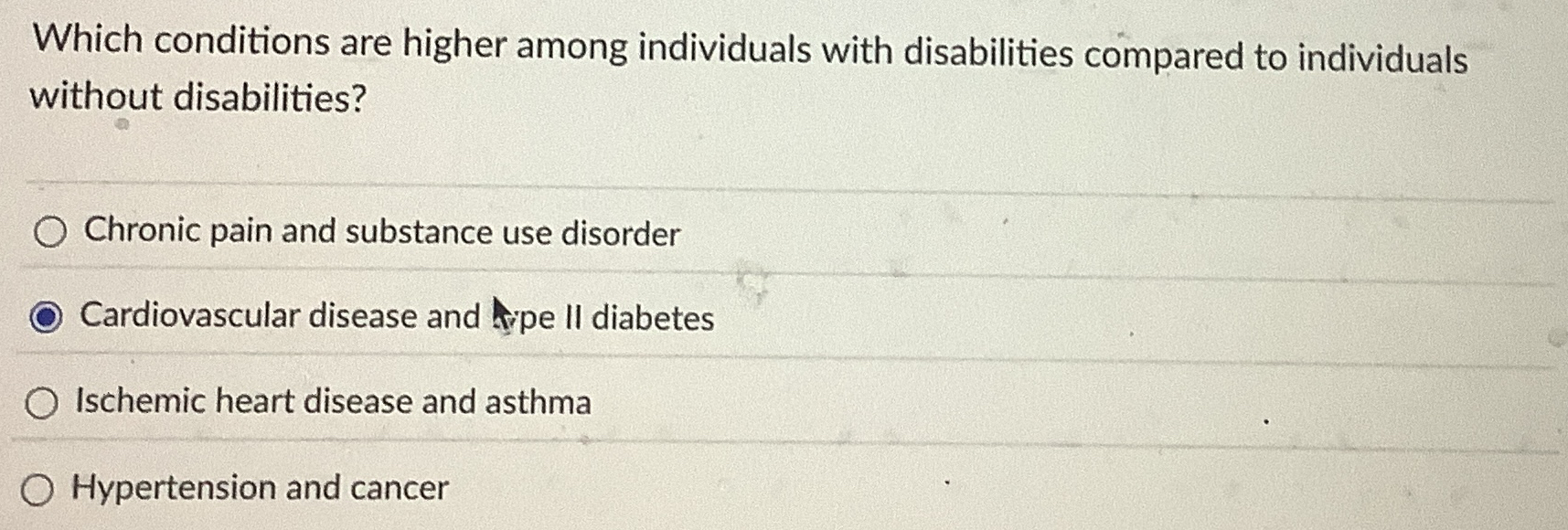 Which conditions are higher among individuals