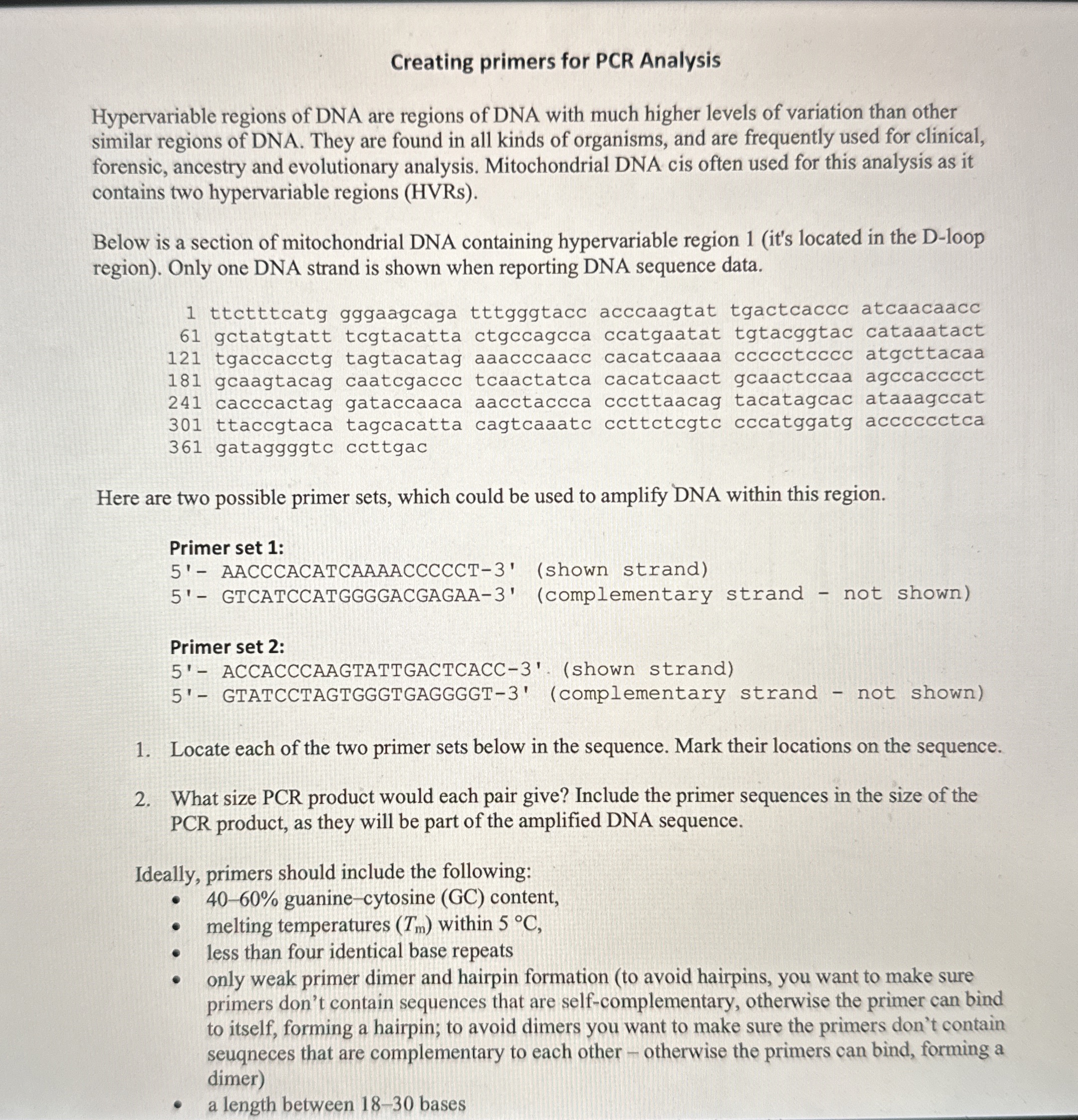 Creating primers for PCR Analysis Hypervariable