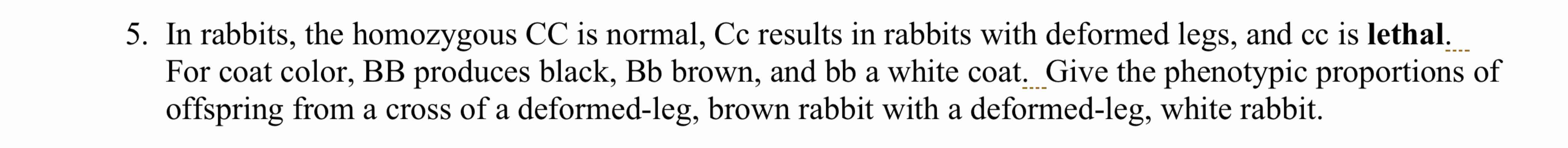 5 . In rabbits, the homozygous CC is normal, Cc