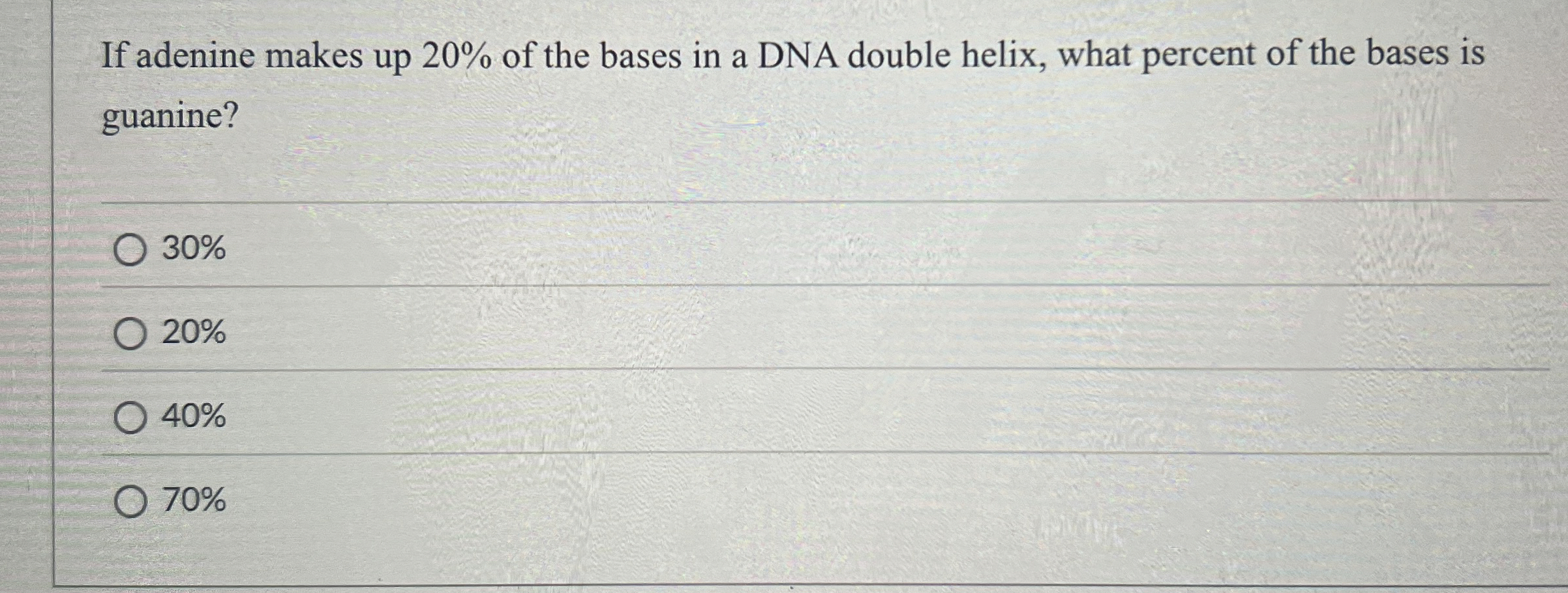If adenine makes up 2 0 % of the bases in a DNA