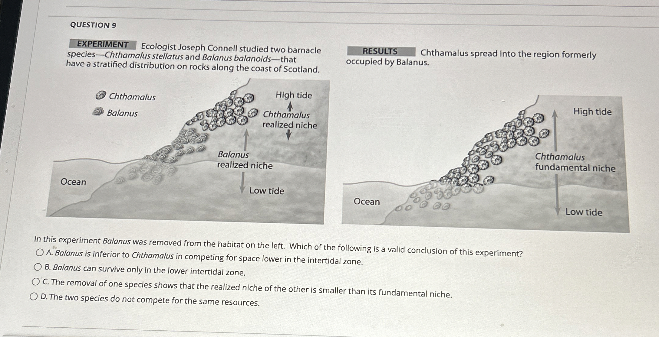 QUESTION 9 EXPERIMENT Ecologist Joseph Connell