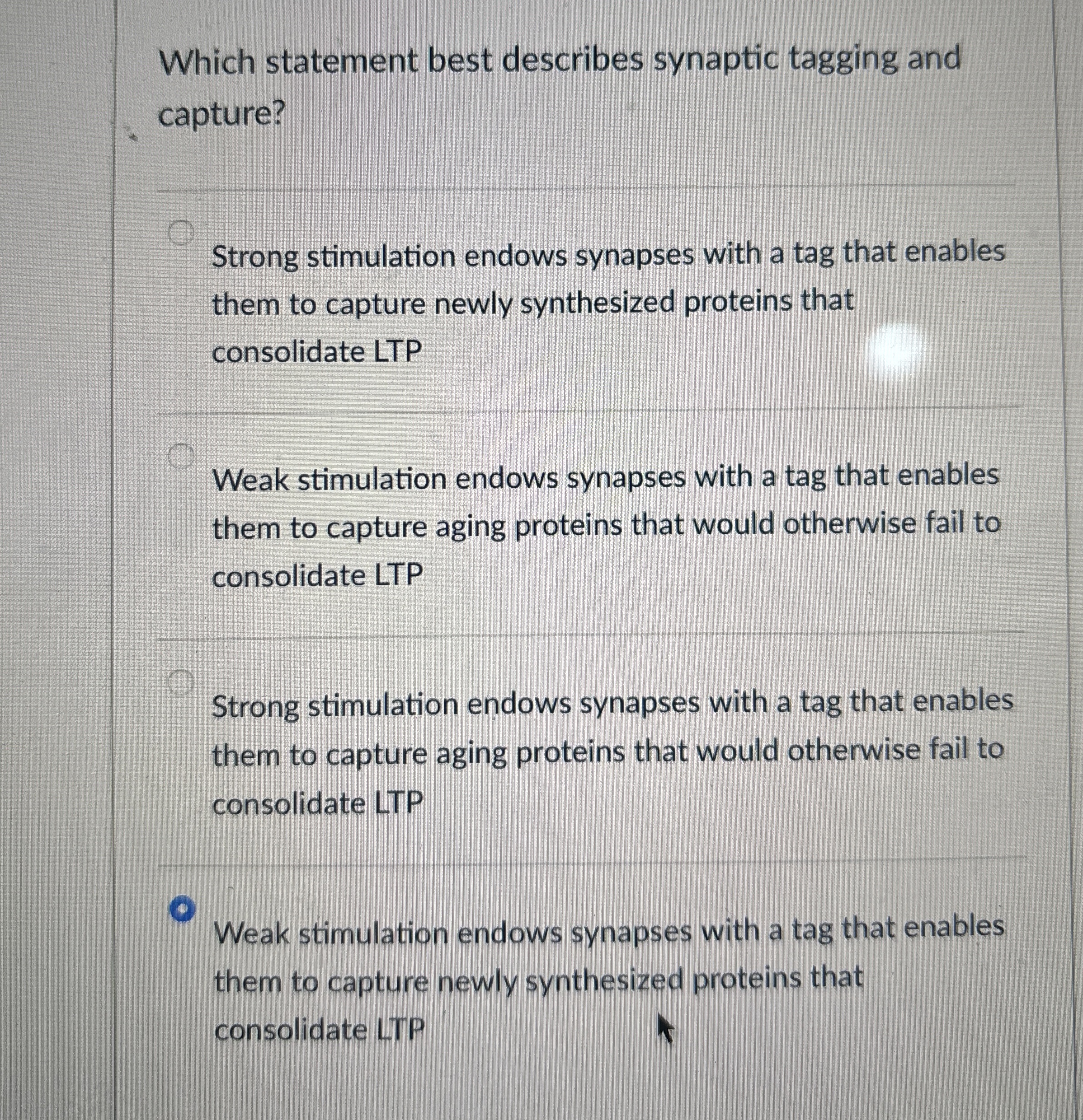 Which statement best describes synaptic tagging