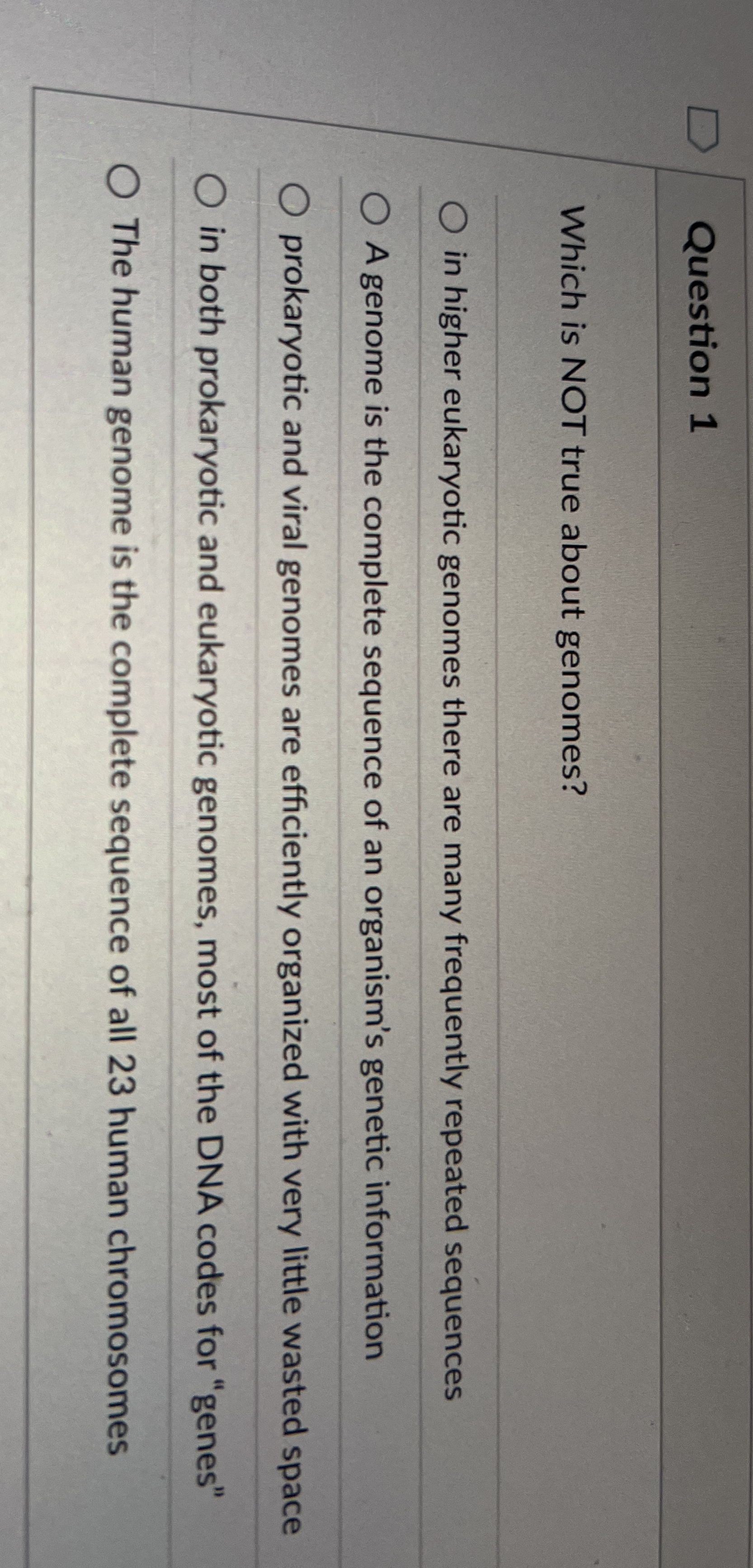 Question 1 Which is NOT true about genomes? in