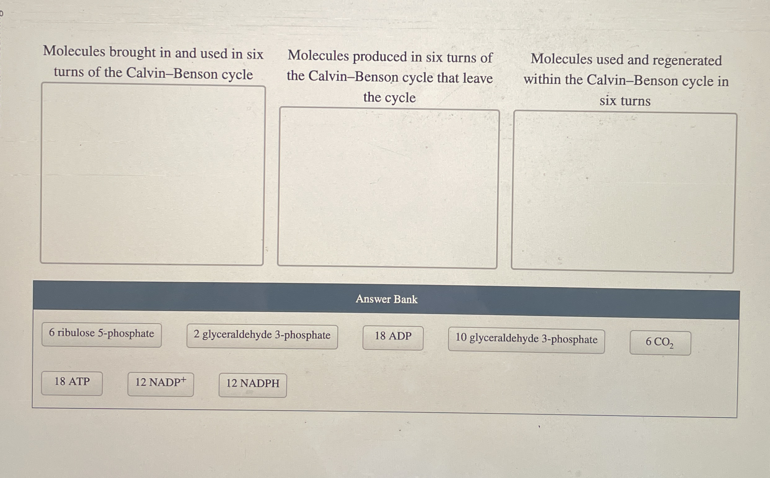Molecules brought in and used in six turns of the
